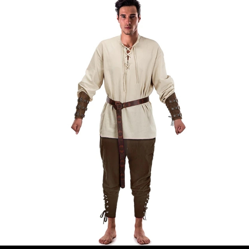 Men's Medieval Cream Ruffle Tunic with Brown Pants Renaissance Wear